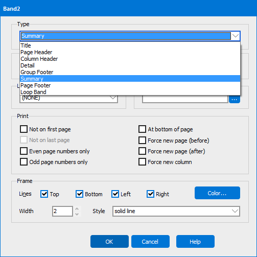 Edit dialog where the Summary band is selected from the list of bands.